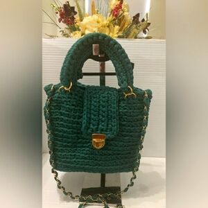 Handmade Forest Green Shoulder Bag with Gold Clasp and Braided Crochet